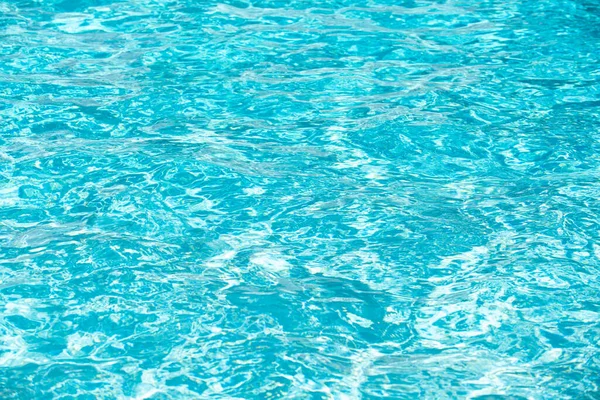 Mavi havuz suyu arka planı. Bulanık şeffaf, durgun su yüzeyi dokusu. Güneş ışığı altında su dalgaları kopyalama alanı ile