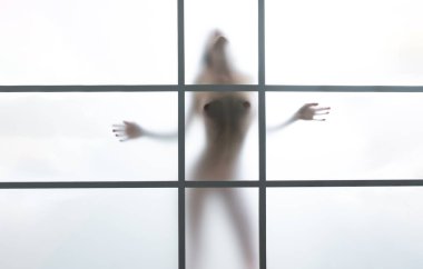 Blur naked body. Diffuse sexy woman silhouette. Blurred sexy woman body shape. Beautiful naked woman body silhouette, slim breast. Sexy woman poses boobs, tits behind the window