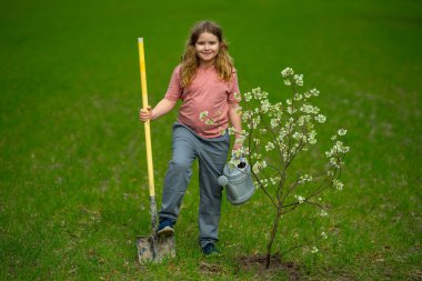 Sarışın çocuk bahçeye çiçek ve sulama ağacı koydu. Bitkilerin bahar etkinliği. Çocuk kürek ve su bidonuyla çalışıyor. Çocuk meyve ağacı dikmiş. Bahçıvan çocuklar. Çocuk yetiştirme bitkisi ve ağaç bakımı