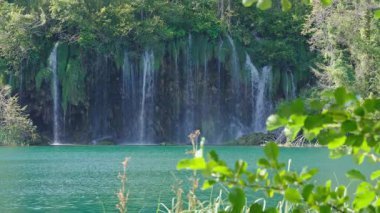 Sakinleştirici şelale seslerini dinle. Doğada uzak bir şelale. Nefes kesici şelale manzarası. Sakin bir göle akan bir şelale.