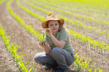 Çocuk toprağa mısır ekiyor. Elinde mısır filizi tutan çocuk. Mısır tarlasında genç bir çiftçi. Çiftlikte çalışan çocuk. Kırsalda tasasız bir çocuk. Çocuk köy topraklarında mısır yetiştiriyor. Çevre ve çevre