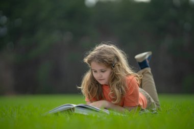 Çimlerin üzerinde kitap okuyan bir çocuk. Çocuk açık havada kitap okumuş. Güneşli bir günde çayırda kitap okuyan bir çocuk. Doğada okumak. Kitabı olan bir öğrenci. Çocuk dışarıda öğreniyor. Çocuklar hikaye okuyor.