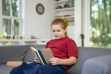 Zeki çocuk evde kitap okuyor. Akıllı çocuk ev içinde kitap okurmuş. Zeki okuyucu evde masal kitaplarından keyif alıyor. Akıllı çocuk kitap okuyor ve oyun odasında öğreniyor. Elinde kitap tutan çocuk.