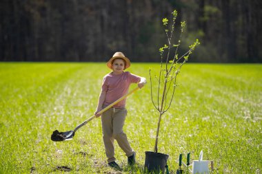 Bahar bahçesi. Çocuk kürekle toprak kazıyor. Bahçesinde ağaç bitkileri olan bir çocuk. Bahçede çalışan çocuklar. Bahçe aletleri. Çocuk bahçıvanlığı. Bahçe işliyorum. Çocuk dikme ağacı. Çiftlikteki çocuk