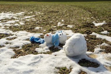Kardan adam dışarıda, karlı arka planda yeşil çimlerle karışık güneş ışığında eriyor. İlkbahara yaklaşmak, ılık kış, iklim değişikliği kavramı. Kış sonunun sembolü olarak erimiş bir kardan adam