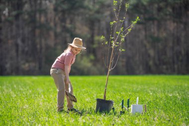 Bahar bahçesi. Çocuk kürekle toprak kazıyor. Bahçesinde ağaç bitkileri olan bir çocuk. Bahçede çalışan çocuklar. Bahçe aletleri. Çocuk bahçıvanlığı. Bahçe işliyorum. Çocuk dikme ağacı. Çiftlikteki çocuk