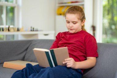 Zeki çocuk evde kitap okuyor. Çocuk evde kitap okuyordu. Zeki okuyucu evde masal kitaplarından zevk alıyor. Akıllı çocuk kitap okuyor ve oyun odasında öğreniyor. Elinde kitap tutan çocuk.