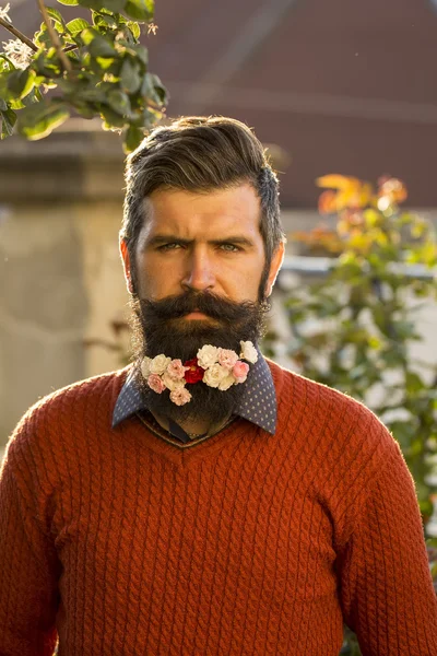 Man with flowers on beard — Stock Photo, Image