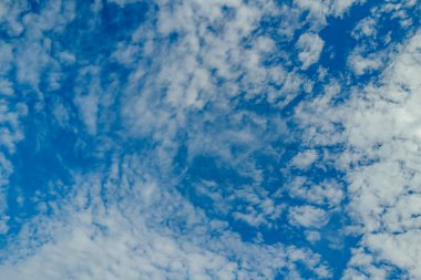 Bulutlar mavi gökyüzünde hareket eder. Gündüz vakti tropik gökyüzü, beyaz ve mavi renkler. Şeffaf bulut katmanları. Tüylü beyaz bulutlarla süslenmiş berrak mavi bir gökyüzü. Sakin bir gün. Gökyüzü arkaplanı