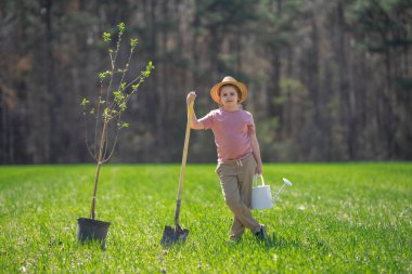 Çocuk arka bahçeye ağaç dikiyor. Bahar tarlasında çocuk dikme ağacı. Sulama kovası ve kürekle ekmek. Bahçe çiftliğinde ağaç yetiştiren çocuk. Çocuk işi