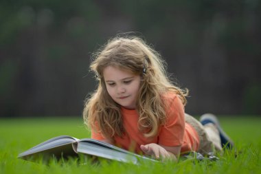 Çimlerin üzerinde kitap okuyan bir çocuk. Çocuk açık havada kitap okumaktan zevk alıyor. Güneşli bir günde çayırda kitapla ders çalışan bir çocuk. Doğada öğrenme. Öğrenci çocuk parkta kitap okuyor. Açık hava öğrenimi
