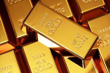 Altın bar stüdyo geçmişi. Metal altın desenli. Külçeler için altın renkli metal arka plan. Altın çubuk arkaplanı