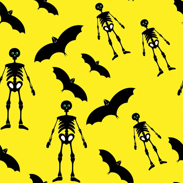 Black skeleton and bat on yellow — Stockvector