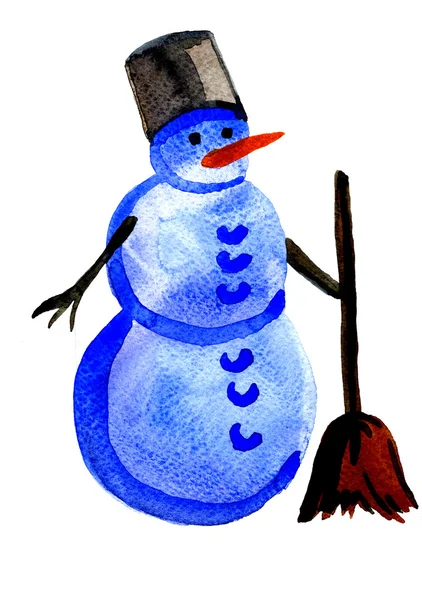 Сніговик в кошику з мітлою — стокове фото