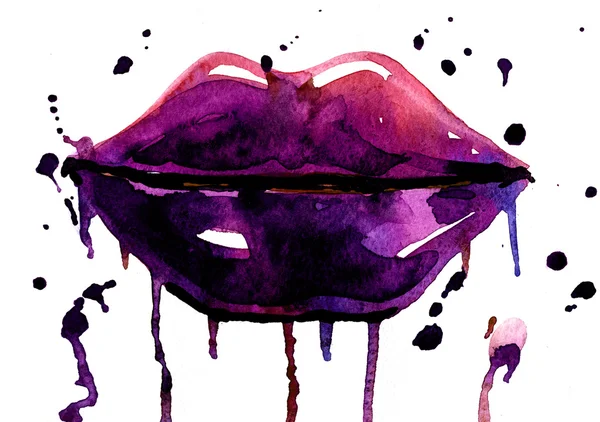 Violet lips painted in watercolor — Stock fotografie