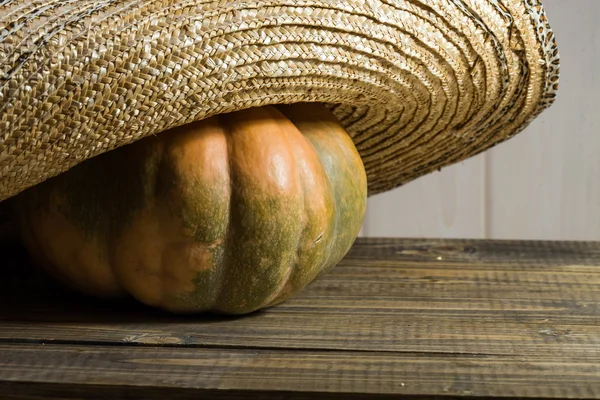 Pumpkin in straw hat — Stock Photo, Image