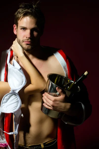 New year sensual couple with wine — Stock Photo, Image
