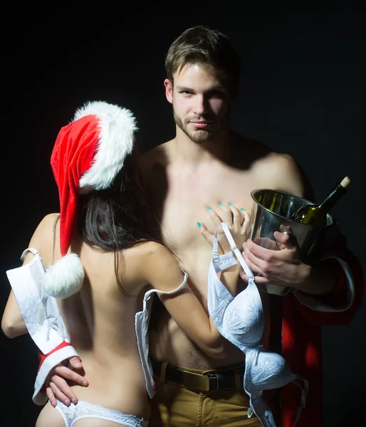 New year sensual couple with wine — Stock Photo, Image