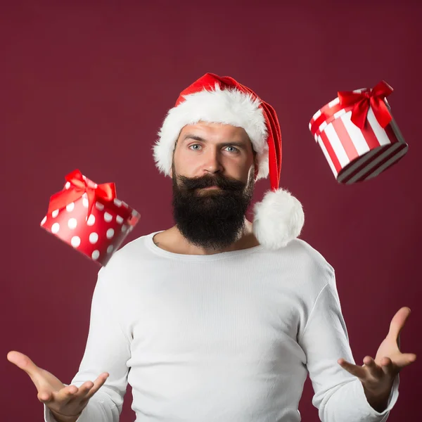 Neujahr Mann mit Geschenkbox Stockbild