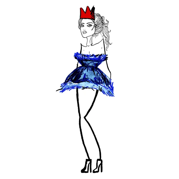 Mujer en vestido azul y corona — Vector de stock