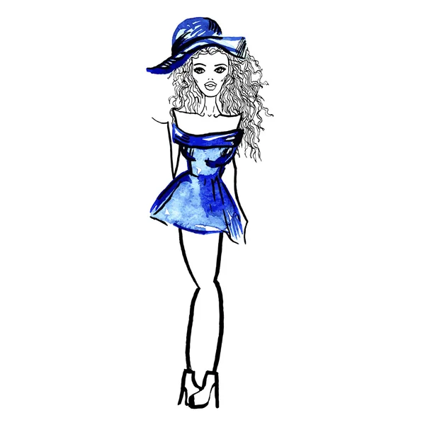 青いドレスと帽子の女性 — ストックベクタ