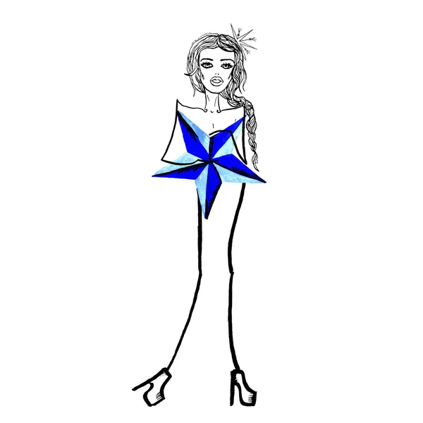 Mujer en vestido de estrella azul — Vector de stock