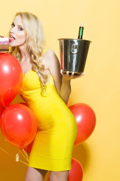 Woman with wine in pile — Stockfoto