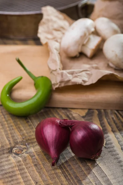 Shallot mushrooms and chili pepper — Stock Photo, Image