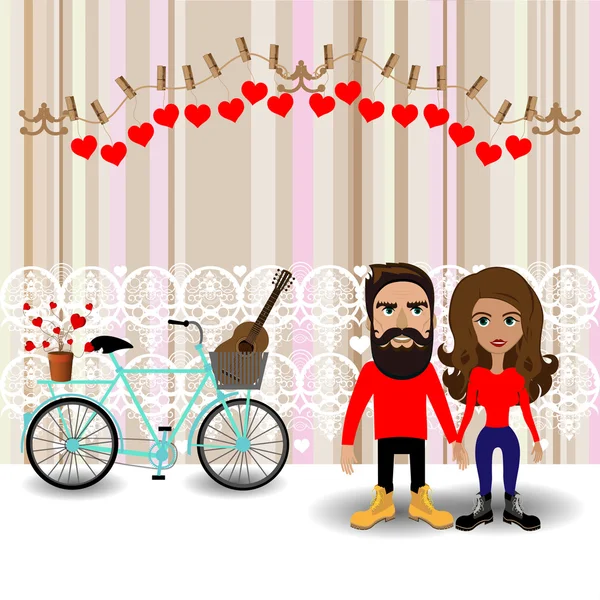 Romantic couple and bicycle — Stockový vektor