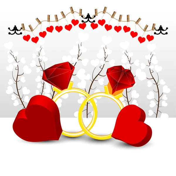 Valentine prsteny a srdce — Stockový vektor