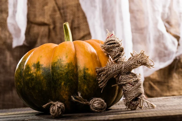 Bambola magica vicino cucurbita — Foto Stock