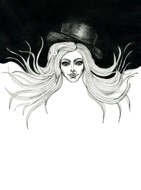Female portrait in hat pen-and-ink