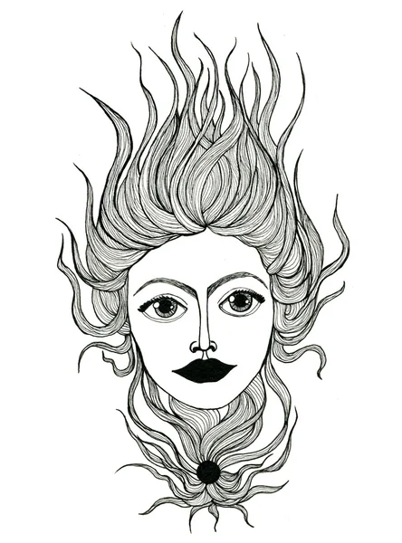 Beautiful female face pen-and-ink — 스톡 사진