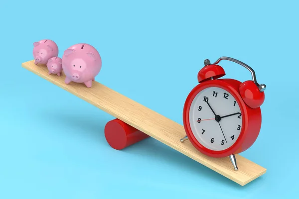 Alarm clock and piggy bank balancing on seesaw. Time is money concept. 3d illustration
