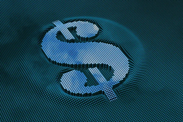 Pixel Dollar Symbol. Metallic Glossy Character. 3D rendering