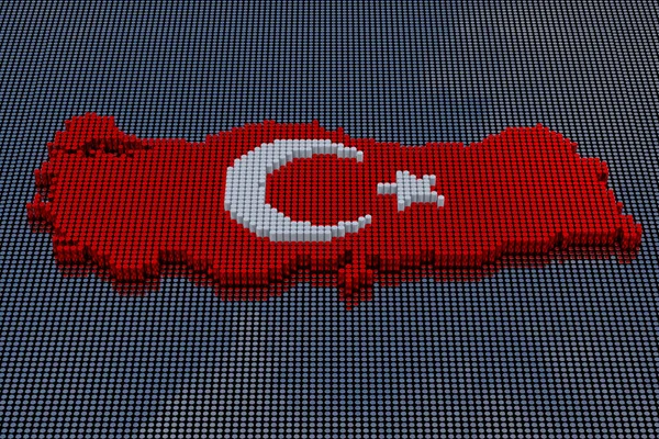Pixel Art Style Turkey Map with Star and Crescent. 3d Rendering