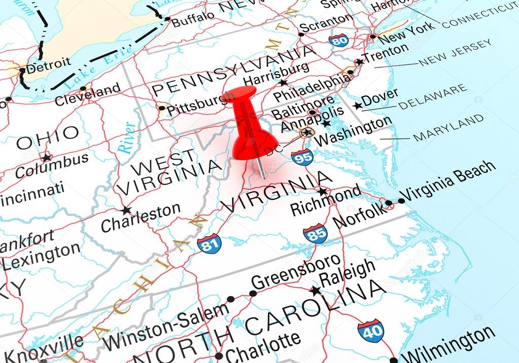 Red Thumbtack Over Virginia State Usa Map Stock Photo Image By C Klenger