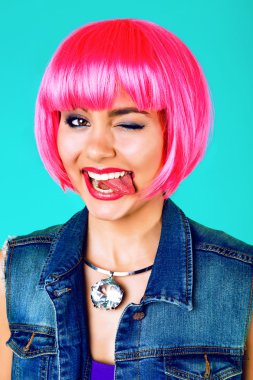 pretty woman wearing pink wig