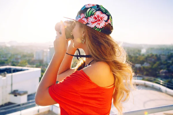 Fashion image of blonde photographer — Stock Photo, Image