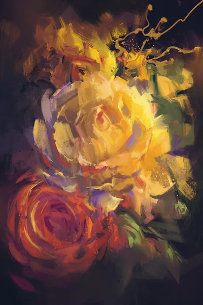 油画风格多彩玫瑰花束 — 图库照片