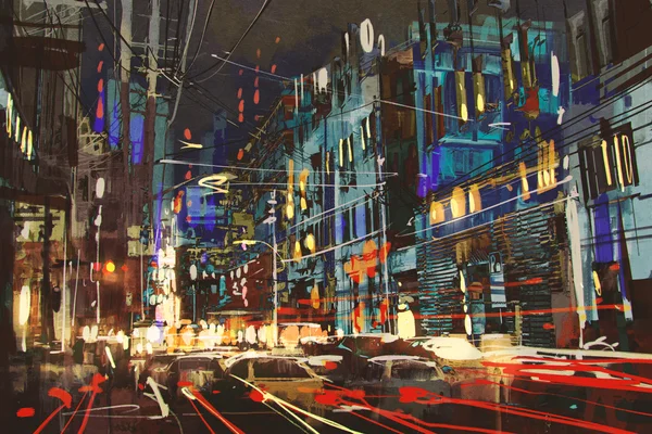 Digitaal schilderen van stad straat met kleurrijke verlichting 's nachts. — Stockfoto