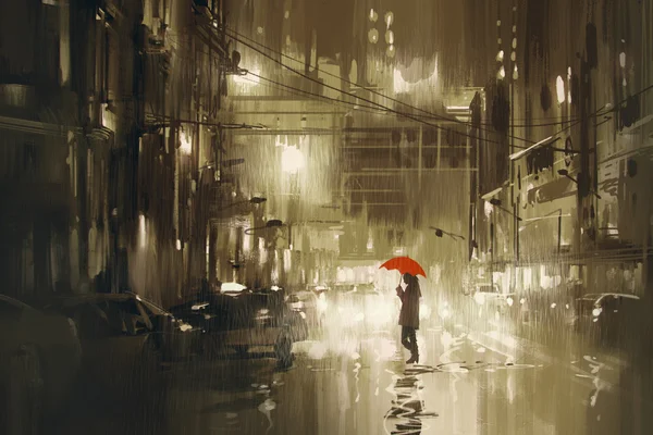 Woman with red umbrella crossing the street,rainy night — Stock Photo, Image