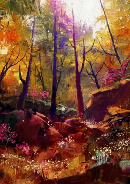 beautiful autumn forest with sunlight clipart