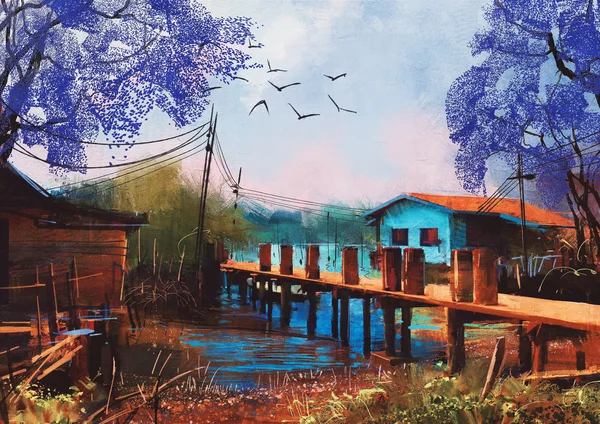 Old fishing village,oil painting style — Stock Photo, Image