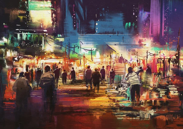 Rue commerçante ville avec vie nocturne colorée — Photo
