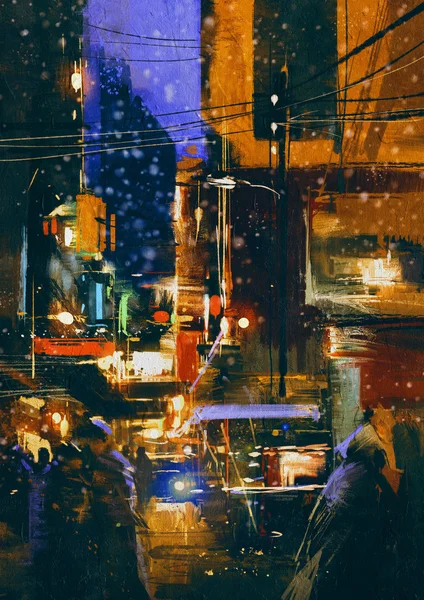夜晚的城市街道在冬天 — 图库照片