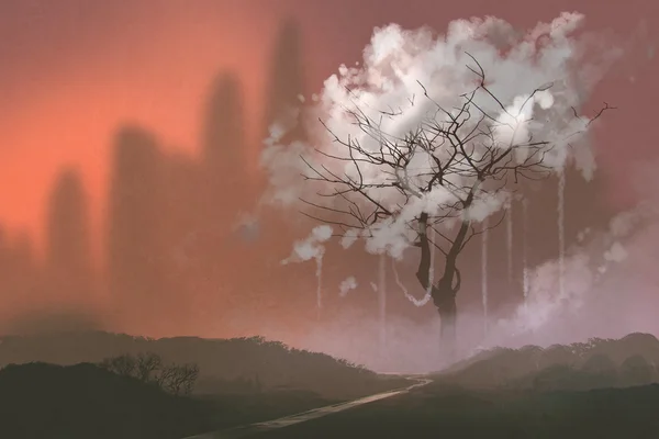 Σύννεφο δέντρο, εικονογράφηση ζωγραφική τοπίου — Φωτογραφία Αρχείου