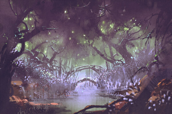 Enchanted forest,fantasy landscape painting