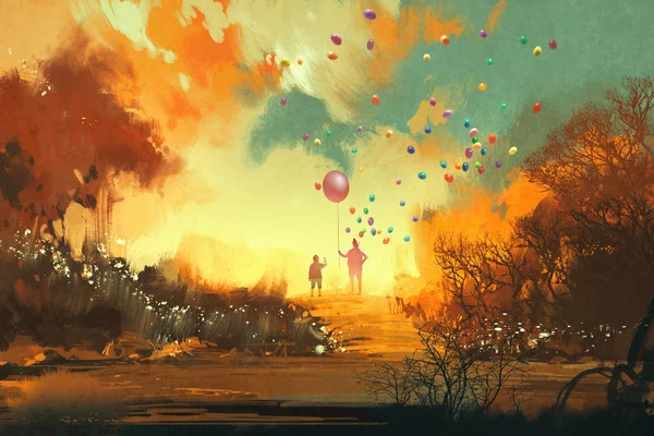 Menino e mágico segurando balão em pé em um caminho de terra de fantasia — Fotografia de Stock