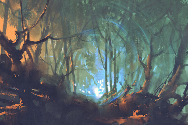 Dark forest with mystic light,illustration painting